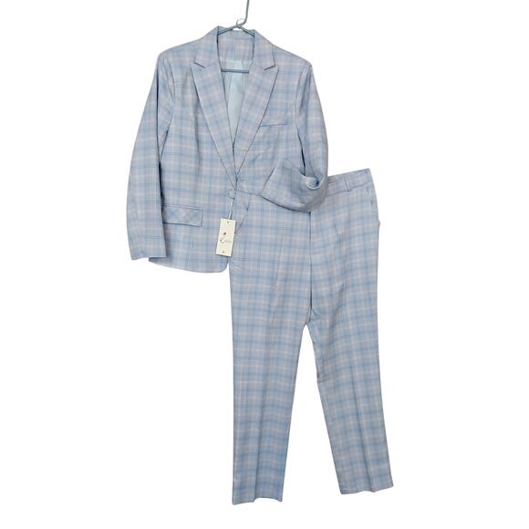 Suit Set Jacket and Pants Size Medium Light Blue Plaid One Button Closure Lined - Picture 2 of 12